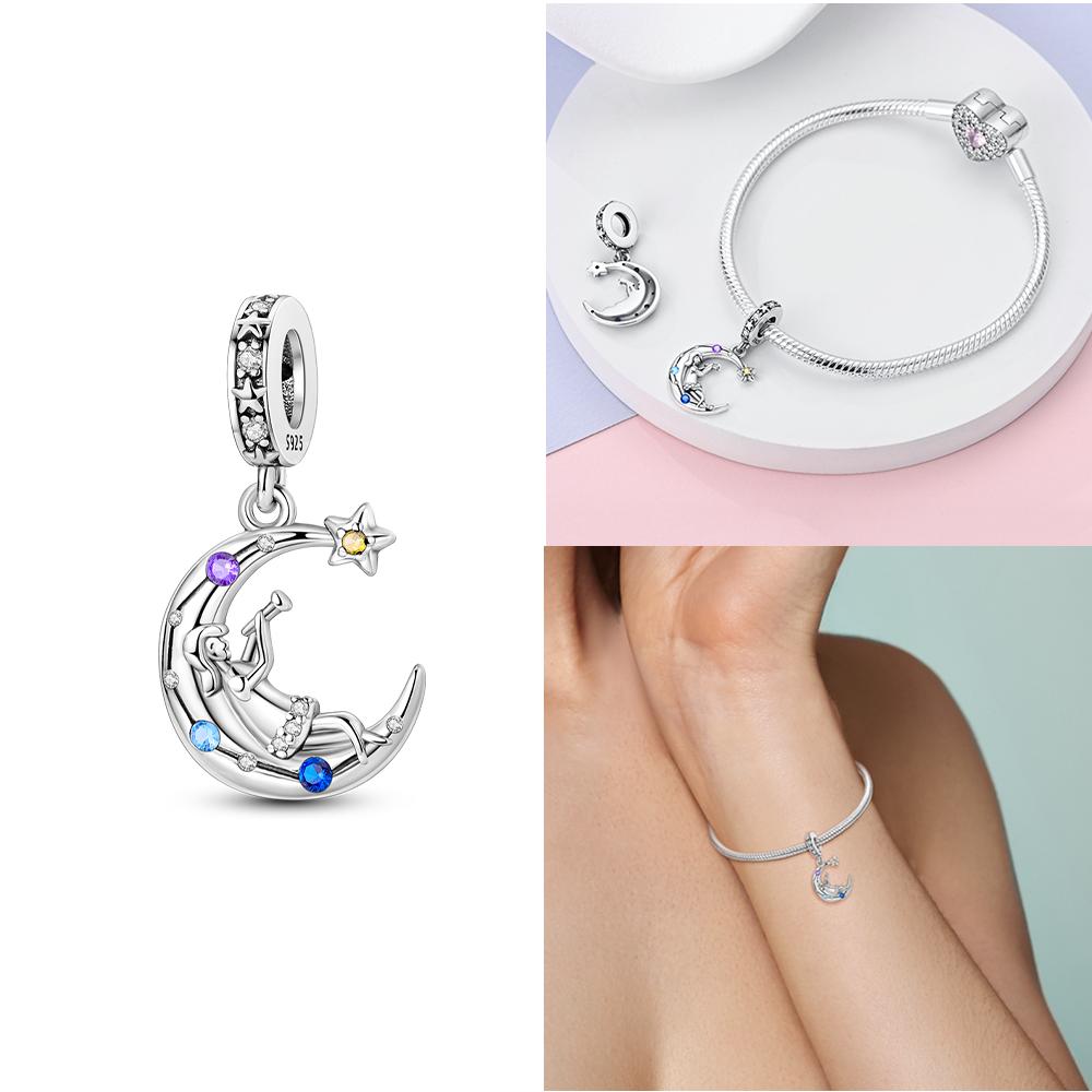 Original Charms Copper Blue Moon Stars Sun Rockets Astronauts Hearts Beads Fit Bracelet Women Diy Romantic Gift Jewelry