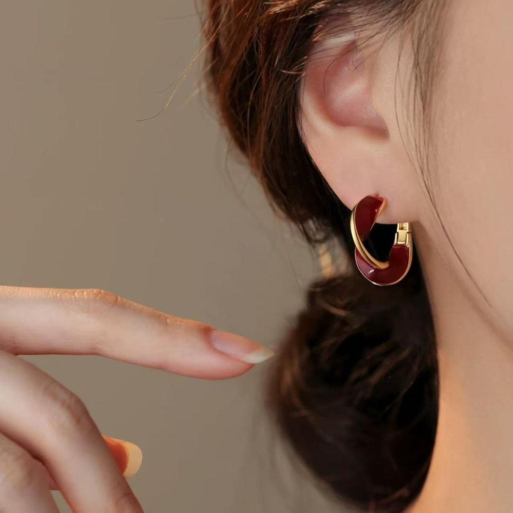 925 Silver Needle Mobius Earrings: Light Luxury Year of the Horse 2026 Red Studs for Women