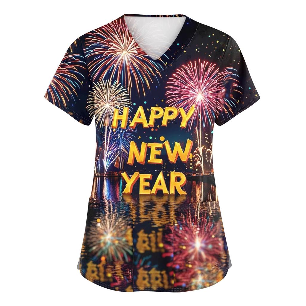 Women's Fashion Printed Short Sleeve V Neck Pattern Tops Pocket Working T-shirts