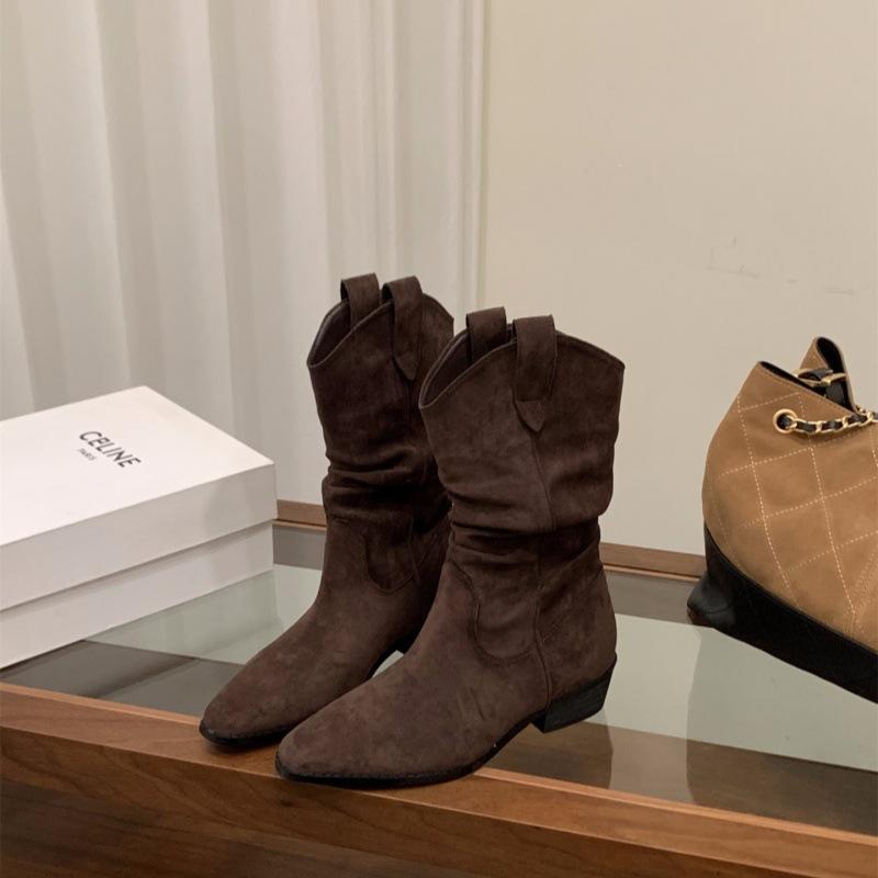 Coarse Heel Khaki Suede Stacking Boots Medium Tube Knight Boots Women's Boots 2025 Autumn and Winter Pointed Head~ V Mouth Thin Boots