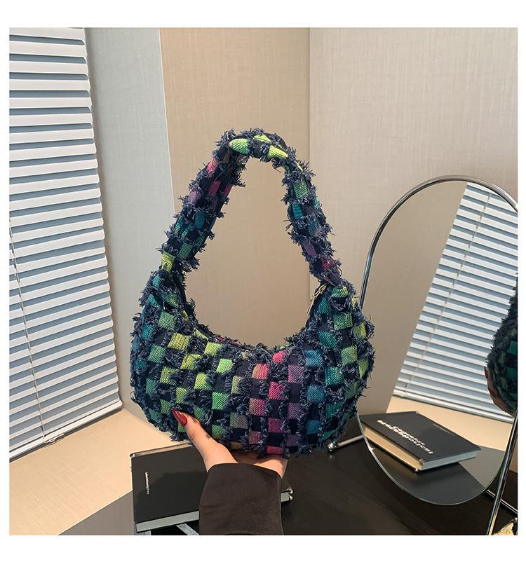 Summer Fabric Personality 2025 New Casual Fashion Large Capacity Canvas Plaid Simple Shoulder Crossbody Armpit Bag