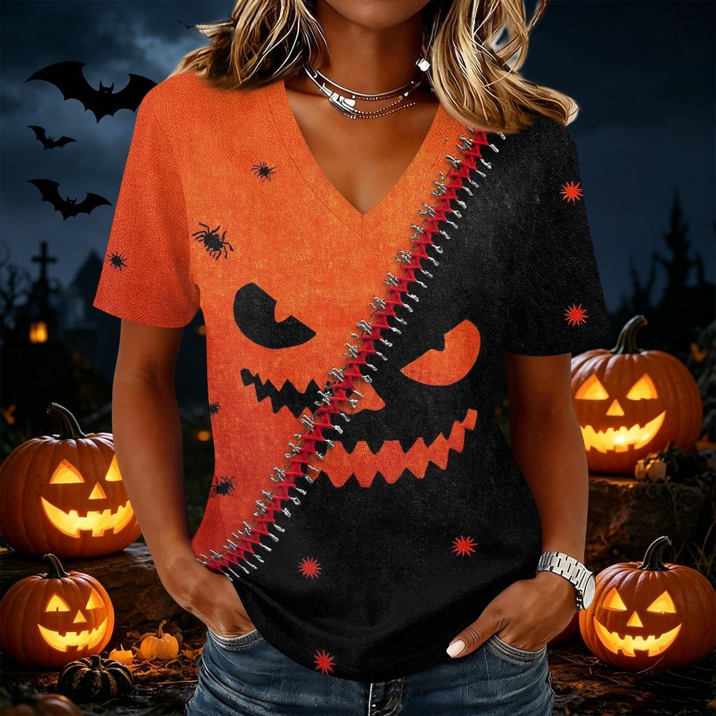 Women's Casual Short Sleeve Halloween Print V Neck Pullover Top Comfortable Lightweight Fabric Relaxed Fit