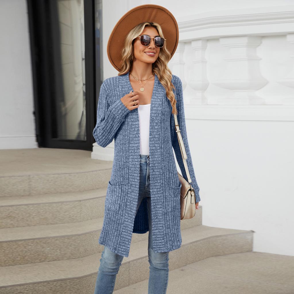 Autumn and Winter Women's Long Solid Colour Long Sleeve Loose Pocket Cardigan Jacket