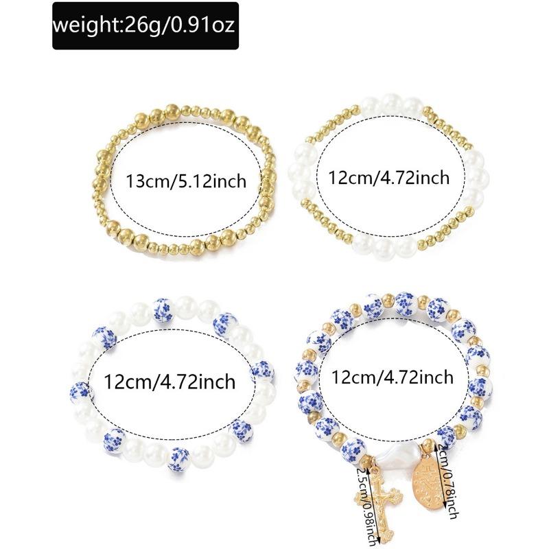 Blue and white porcelain beaded bracelet retro medium personality imitation pearl cross pendant jewelry