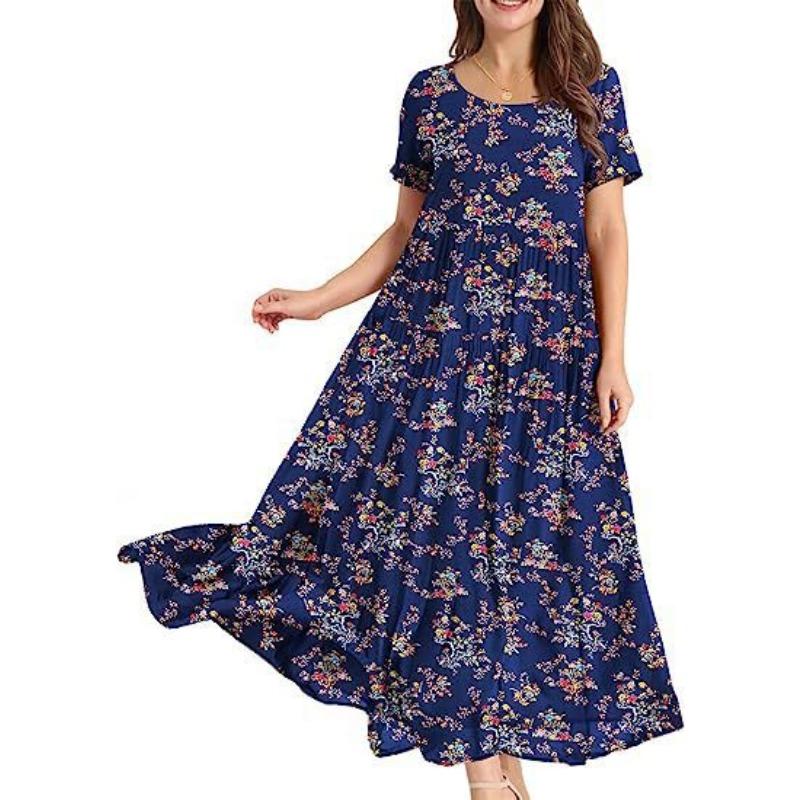Women's Summer Beach MIDI Dress Comfortable Pleated Dress Casual Loose Floral Dress