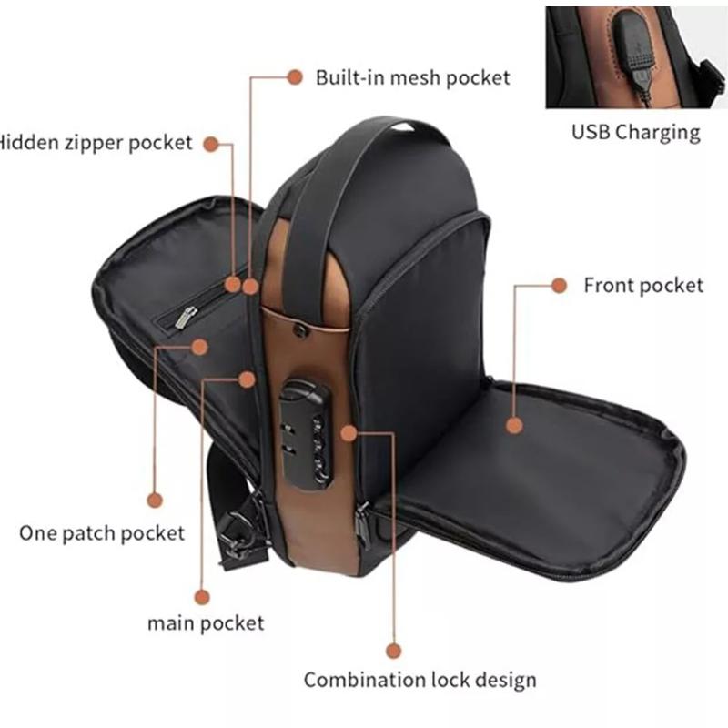Men's Crossbody Bag Shoulder Sling Bag Anti-theft Lock Chest Bag With USB Port