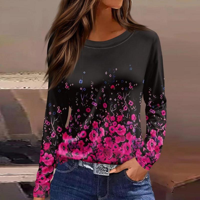 Women's T-shirt 3D Petals Falling Print Fashion Long Sleeve Round Neck Regular Top Holiday Weekend Spring and Autumn Clothing