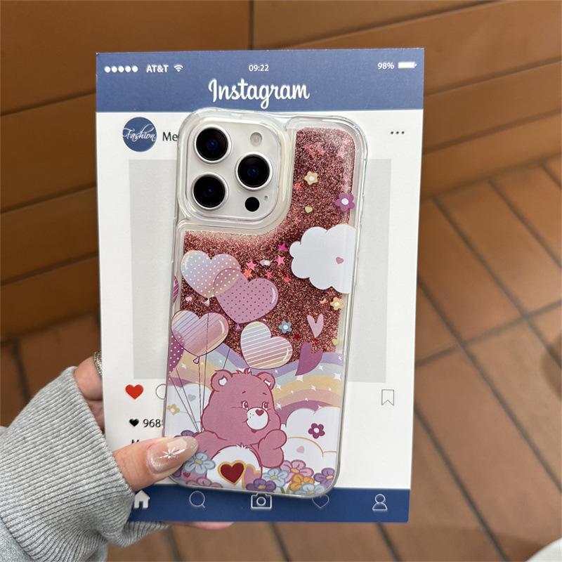 Cartoon rainbow bear is suitable for iphone16pro mobile phone case Apple 15pro quicksand 14pro anti-drop 13pro