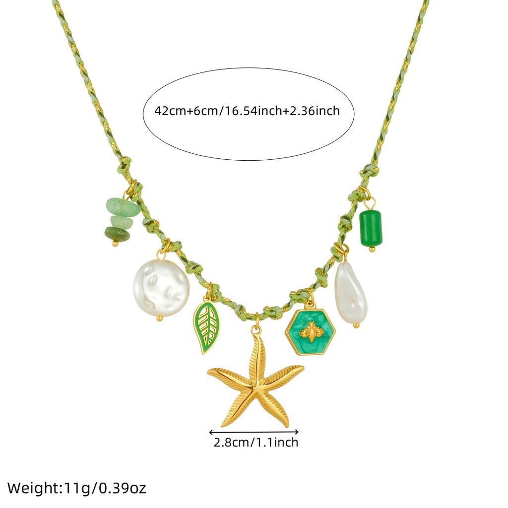 316L Stainless Steel Fresh Green Rope Chain Leaf Stone Starfish Charm Necklace Women 18k Gold Plated Waterproof Jewelry