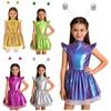 Fantasia de Menina Alienígena Vestido Brilhante Iridescente Gola Alta Manga Flutuante Vestido Tutu Aro de Cabelo Conjunto para Festa Temática
