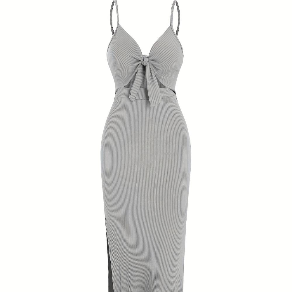 Modisches, schlichtes, ärmelloses Trägerkleid aus Strick für Frühling und Sommer, mit tiefem Rückenausschnitt und sexy langem Rock mit Ausschnitt.