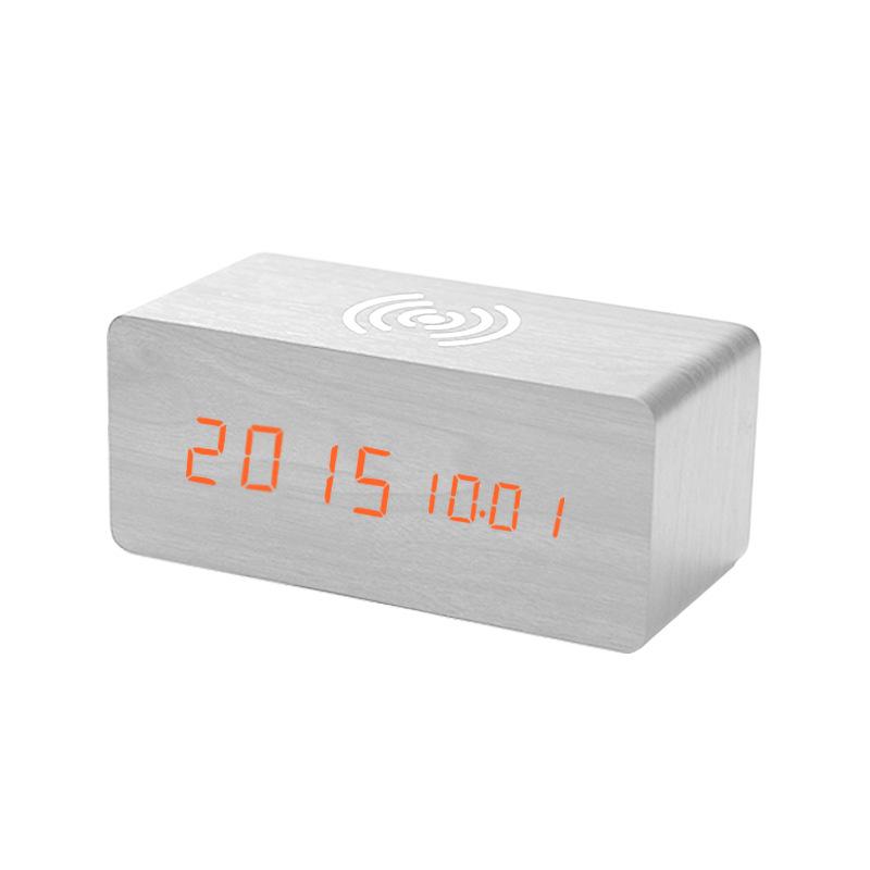 Smart Wooden Desk Clock with Wireless Charging, LED Display, Voice Control, and Silent Alarm