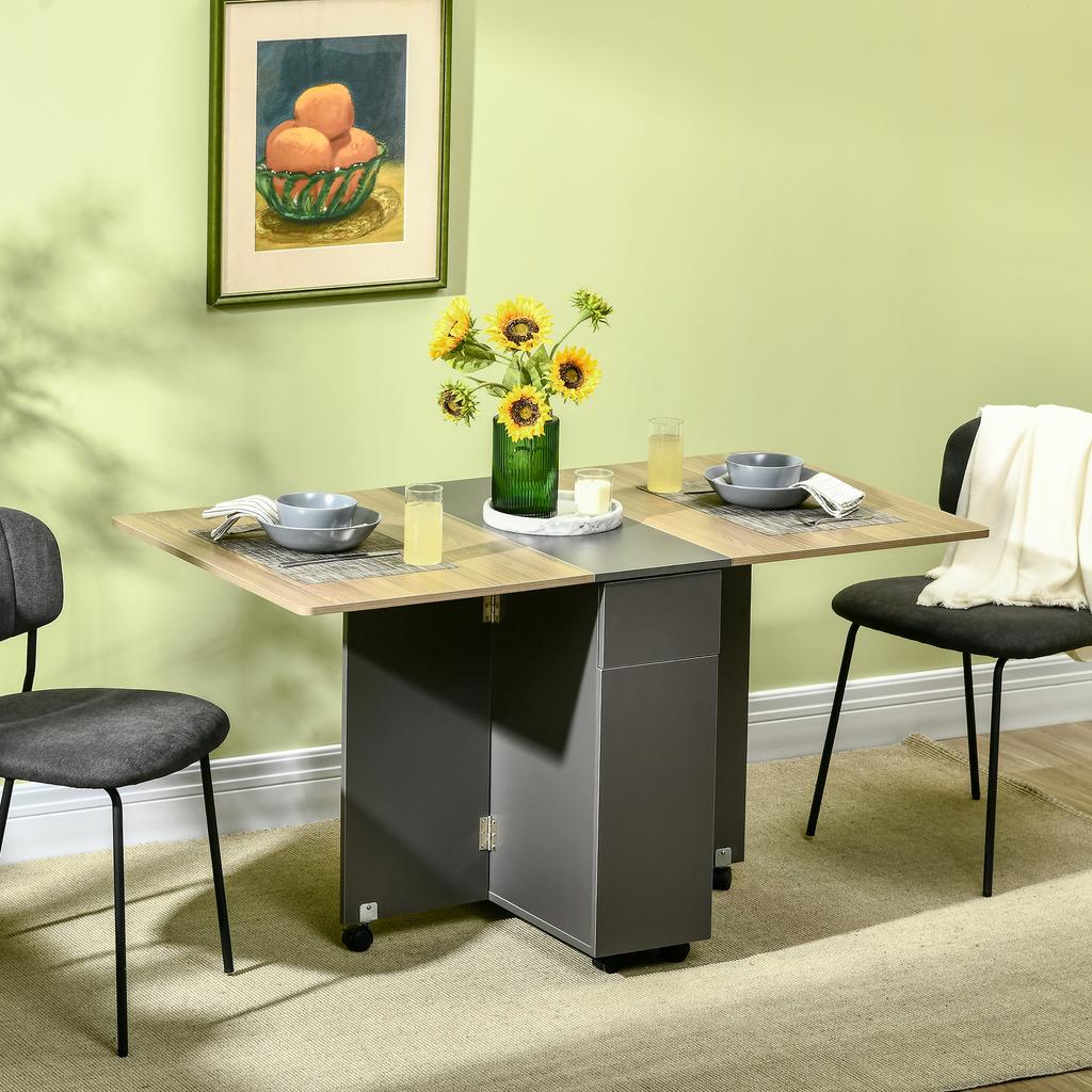 Folding dining table on castors with storage 2 drawers and 1 cupboard 76 x 140 x 74 cm