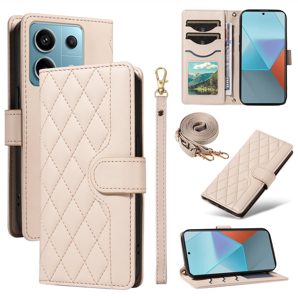 For Xiaomi Poco X6 5G/Redmi Note 13 Pro 5G Case Wallet Rhombus Leather Phone Cover with Shoulder Strap,Wrist Strap