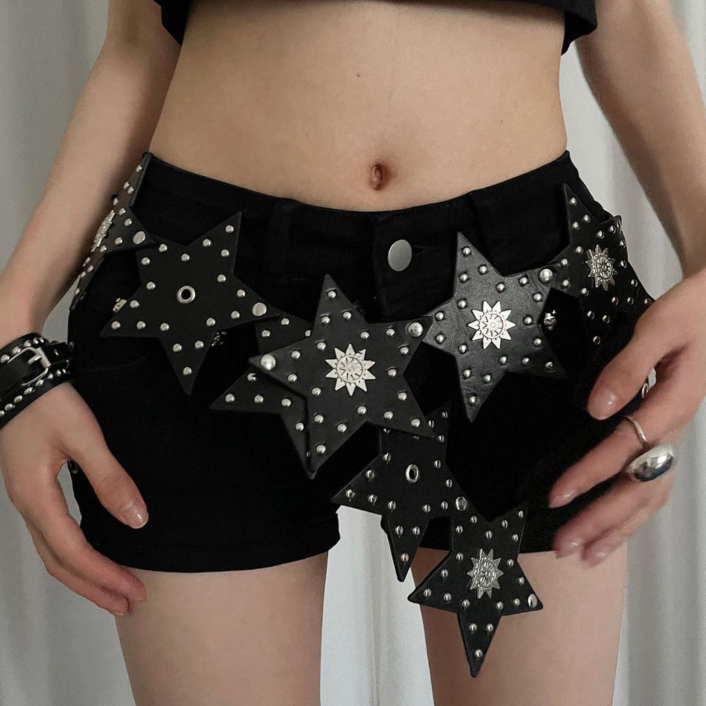 Vintage Punk Style Star Pu Leather Wide Waist Belt With Durable Buckle For Girls