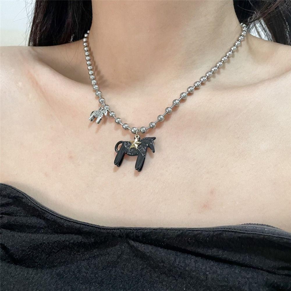 Alloy Choker Necklace White Beads Neck Chain Funny Horse Pendant Necklace  for Women