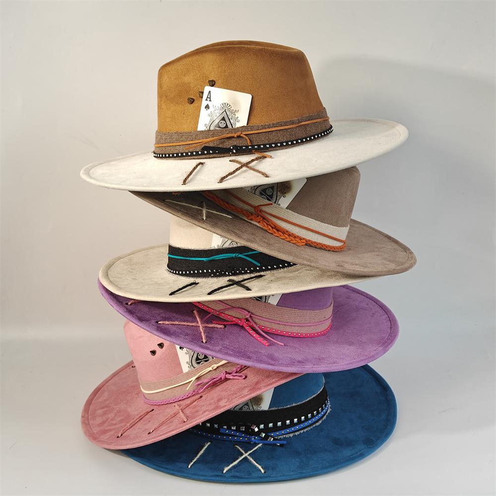 Color Blocking Wildleder Fedora Hüte für Damen Herren Großer Breiter Rand Klassischer Wildleder Panama Hut Western Partyhut Sombrero Rockero Mann