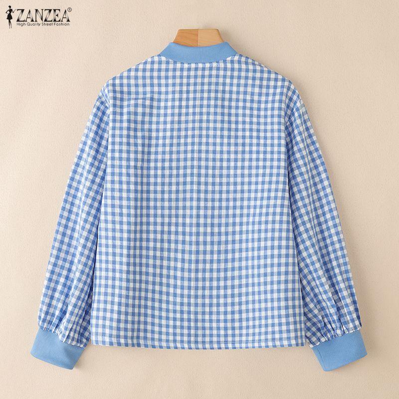 ZANZEA Women Casual Round Neck Long Sleeve Plaid Print Zipper Blouse
