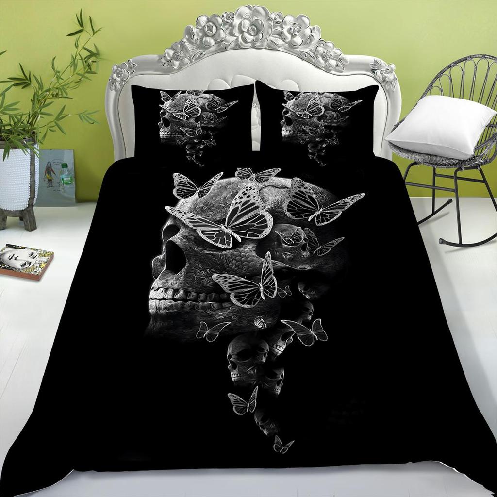 Bedding Set New Bed Cover 3D Skull Head Scary Print Family Bedroom Full Size Quilt Cover and Pillowcase Microfiber