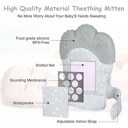 Baby Teething Mittens 2 Pack, Silicone Teething Gloves Toys for Infants 0-6 Months, Soothe Sore Gums, BPA Free, Gray Dots