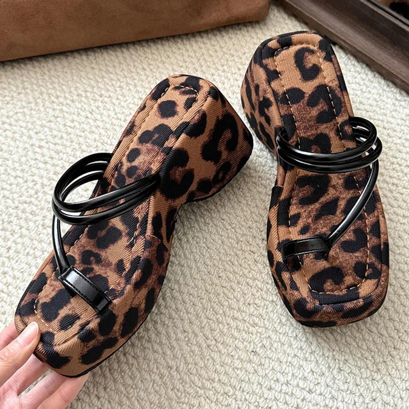 Fashion Leopard High Heels Women Slippers Platform Fashion Shoes Clip Toe Woman Sandals 2025 Summer Trend Designer Dress Mujer Zapatos