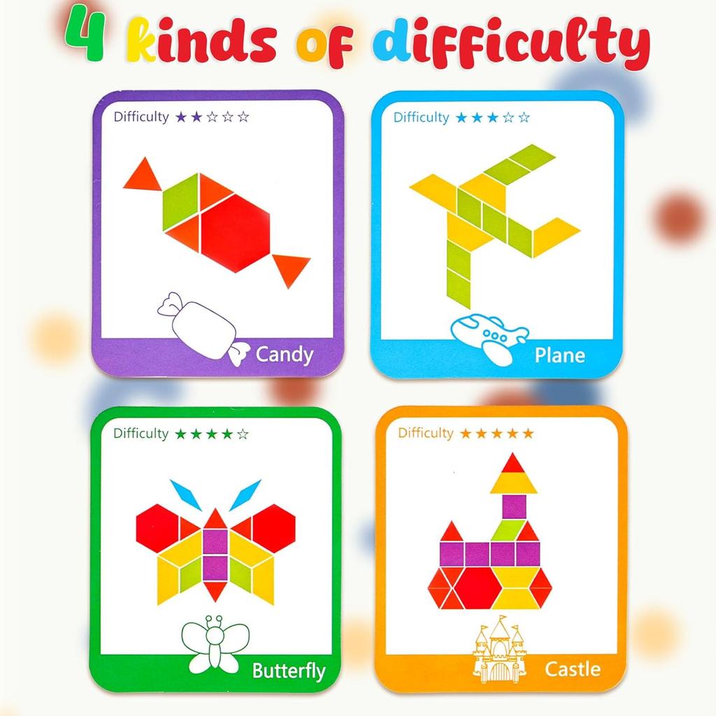 155 Pcs Wooden Pattern Blocks Set Geometric Shape Puzzle Kindergarten Classic Educational Montessori Tangram Toys for Kids