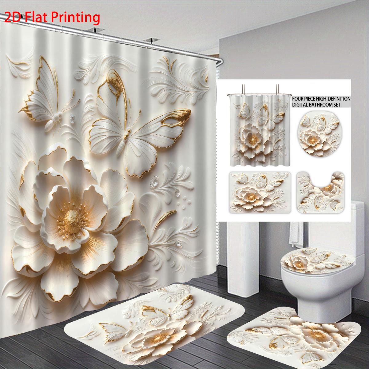 

4pcs imitation relief hibiscus floral print bathroom set 180x180 waterproof shower curtain floor mat U-shaped mat toilet cushion Regular
