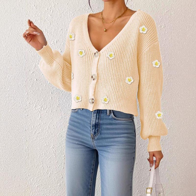 Damen Strickjacke Handgehäkelt Dreidimensionale Blumen-Patchwork Kurzer Mantel Locker Langärmlig Pullover