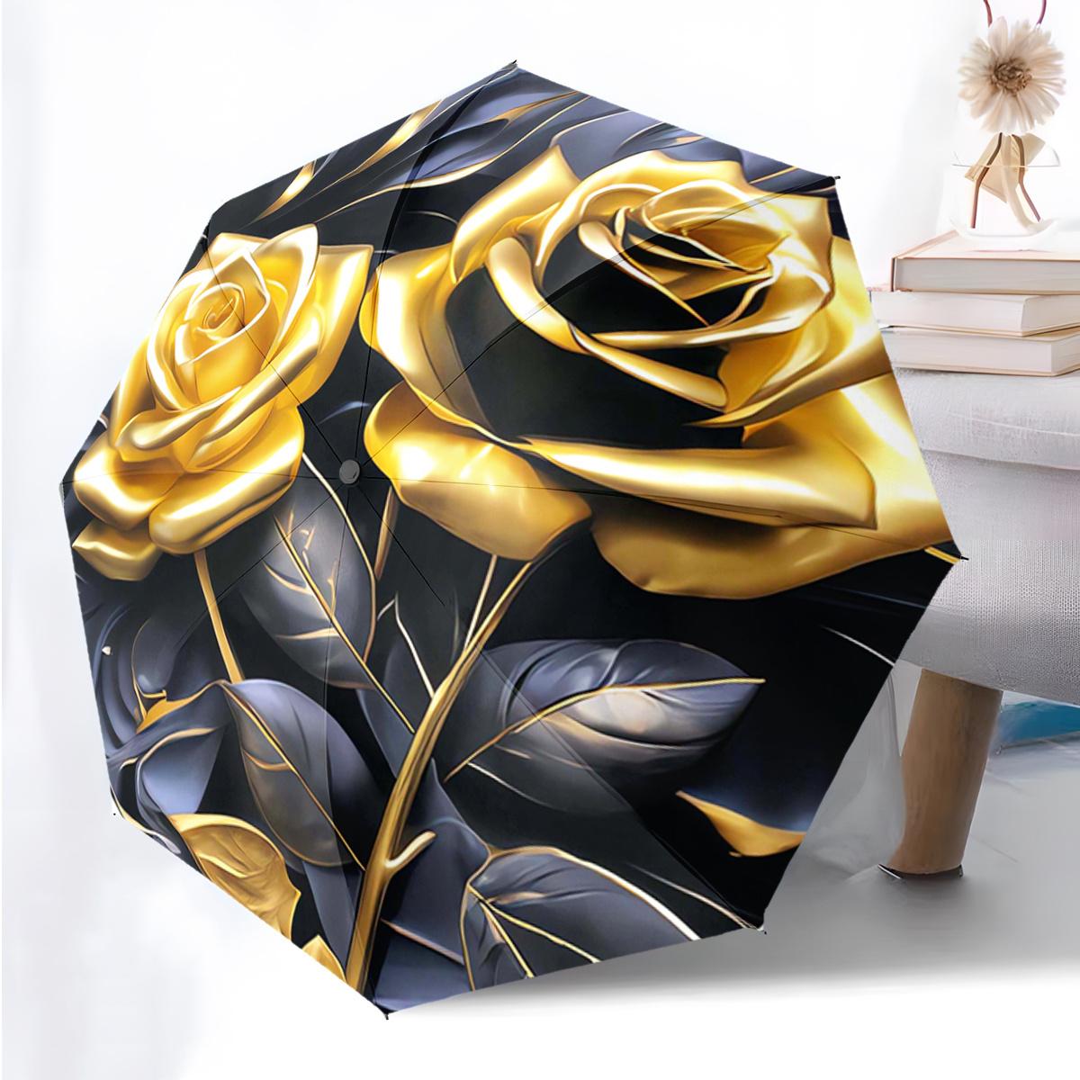 

1pc Automatic Open/Close Umbrella with Golden Rose Pattern - Black & Golden Luxury Automatic Folding Umbrella, 8-Rib Windproof Iron&8K