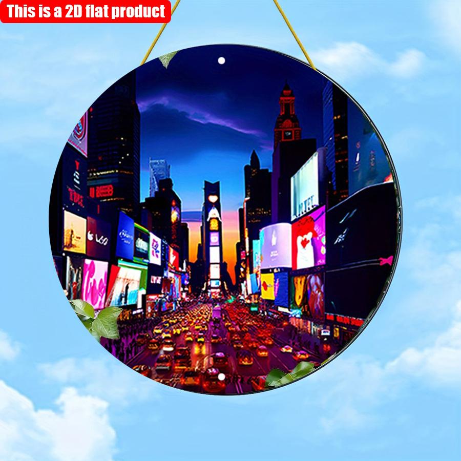 2D Flat 20*20cm1pc Night City skyscraper Neon landscape lights Round Pendant, Vibrant Night urban Theme Science fiction style high quality ornament
