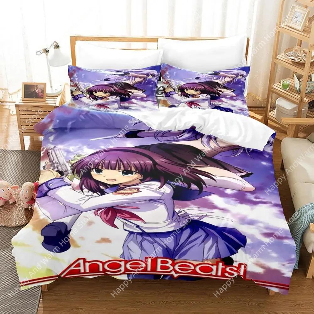 3D Print Anime Angel Beats Beding Set Soft Duvet Cover Bed Linen Set Comfortable Quilt Cover Pilowcase Warm Comforter King Quen Sized Dimensions Young