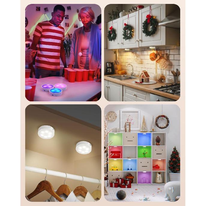 Puck Lights with Remote, Rechargeable White&13 RGB Colors Tap Lights, 6Pack | Under Cabinet Lights with Dimmer and Timer, LED Stick on Lights for