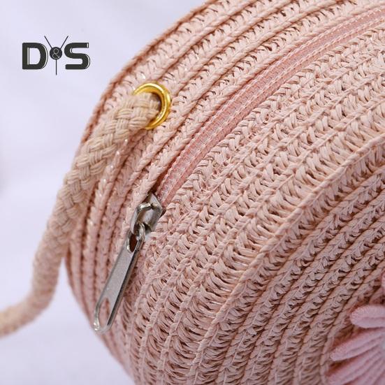 Umhängetasche für Kinder, Stroh, gewebtes Blumendekor, Umhängetasche im pastoralen Stil, Reißverschluss, verstellbarer Riemen, Schultertasche für den Alltag, Party, Arbeit, Dating