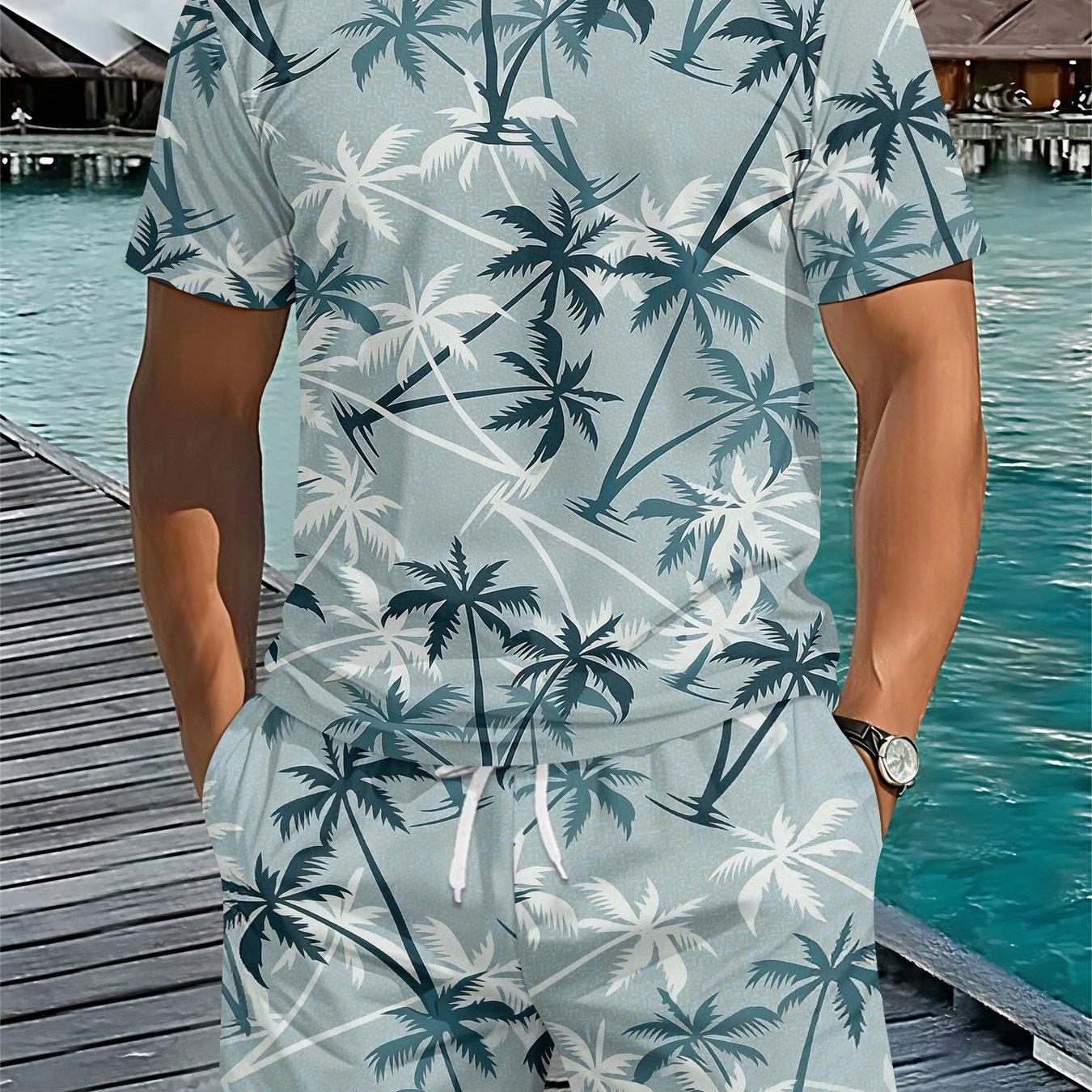 Men s Summer Tropical Print Set: Pink Tee & Shorts with Purple Palm Tree Pattern. Loose Fit Big Size Streetwear for Beach & Daily Wear S зелёный