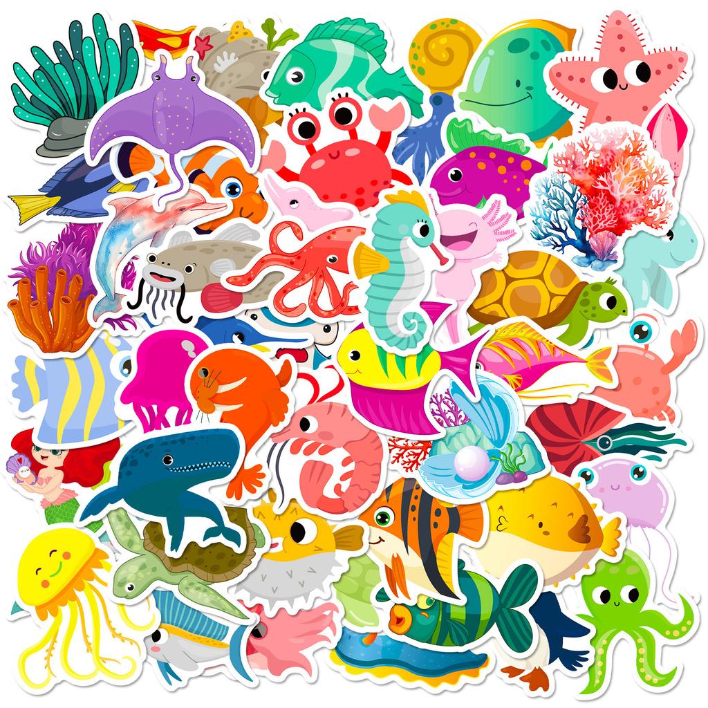 50 Marine Life Stickers Aquarium Cartoon Cute Children's Toys Marine Undersea Dolphin Shark Stickers