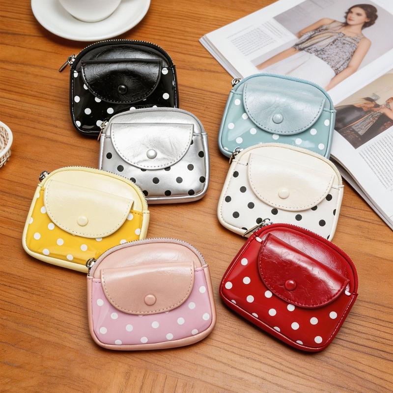 Polka Dot Portable Pu Leather Coin Purse Glossy Surface With Key Ring For Daily Shopping Travel