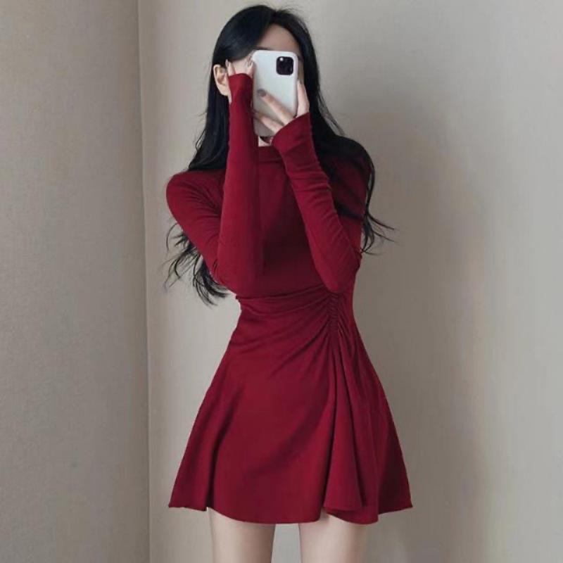 

Женское платье Design Sense Folding Waist Half High Neck Long Sleeve Base Dress Slimming Short Dress S бордовый