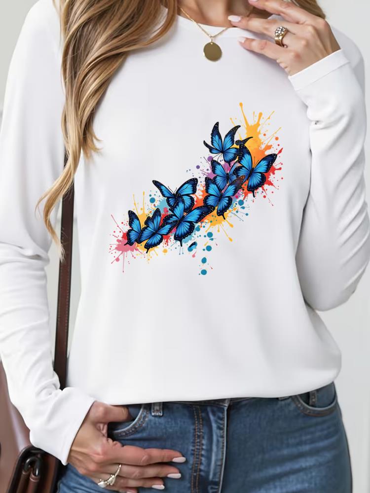 (Asian Size) Sweet Butterfly Trend Cute T Shirt Tee Lady Printed O-neck Women Female Clothing Casual Fashion Top Long Sleeve Graphic T-shirts