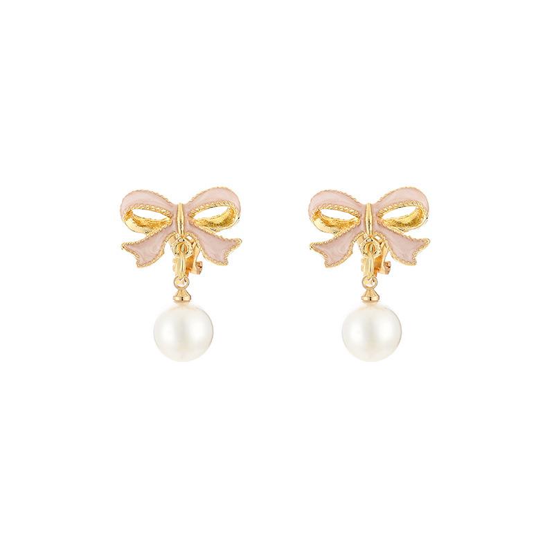 Trendy Pink Bow Pearl Clip-On Earrings - Korean Style Fashionable & Versatile New Arrival