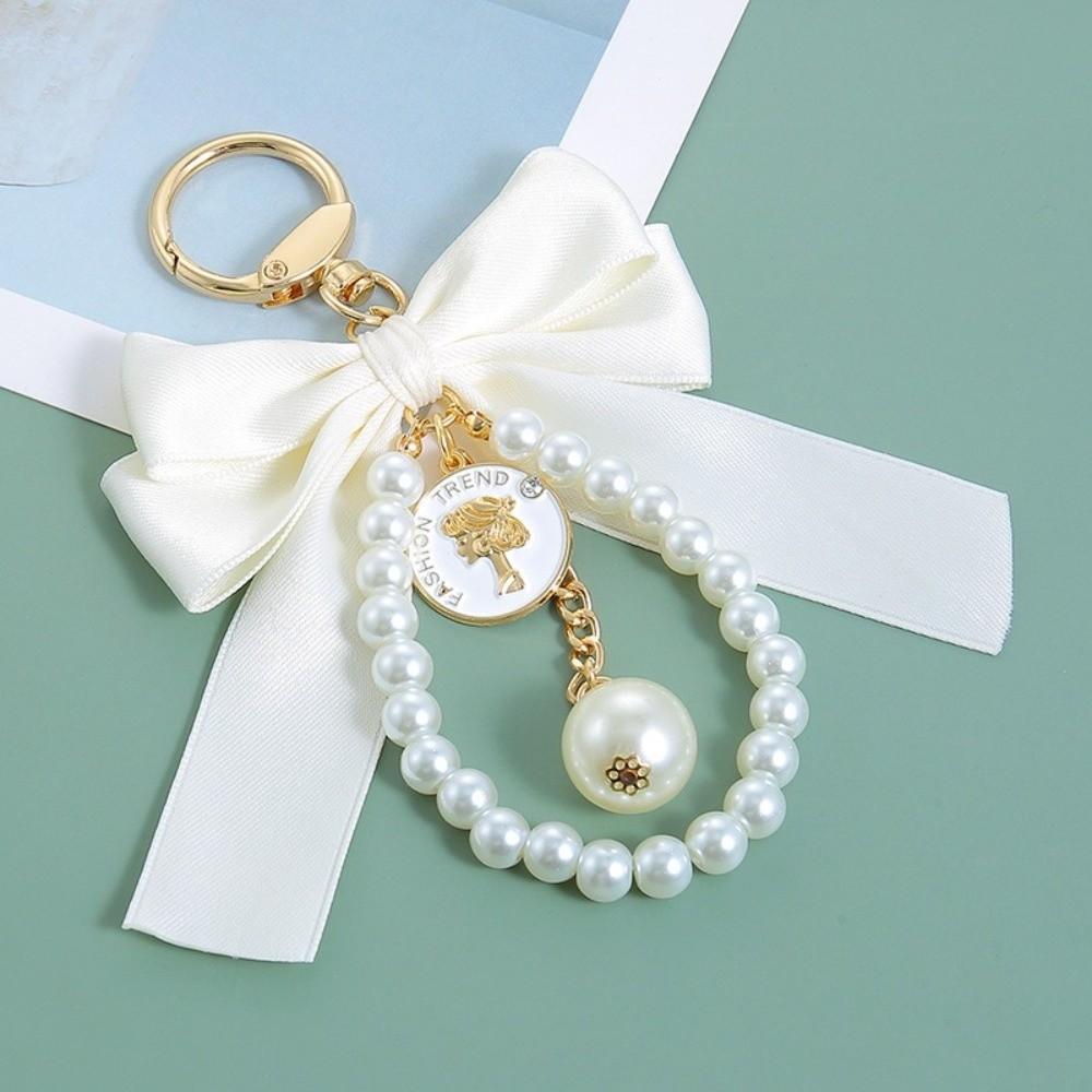 Car Pendant Bow Key Chain Big Bow Car Key Holder Exquisite Pearl Beaded Pendant Keyring