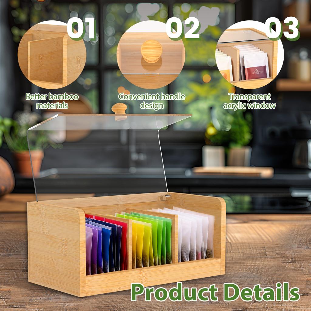 Bambus Teebeutel Aufbewahrungsbox mit Klarem Deckel 3 Fächer Multifunktionaler Kaffee Tee Box Organizer Zuckerbehälter