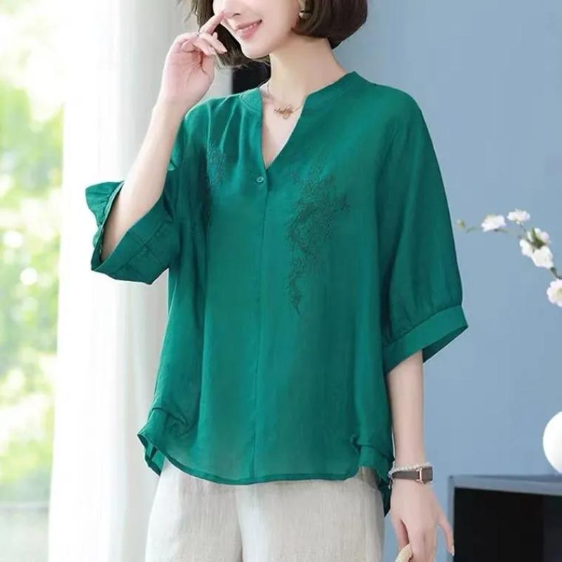 Ramie Three-quarter Sleeve Shirt Women's New Summer Short-sleeved Mother's Shirt High-end Loose Thin Cotton and Linen Top