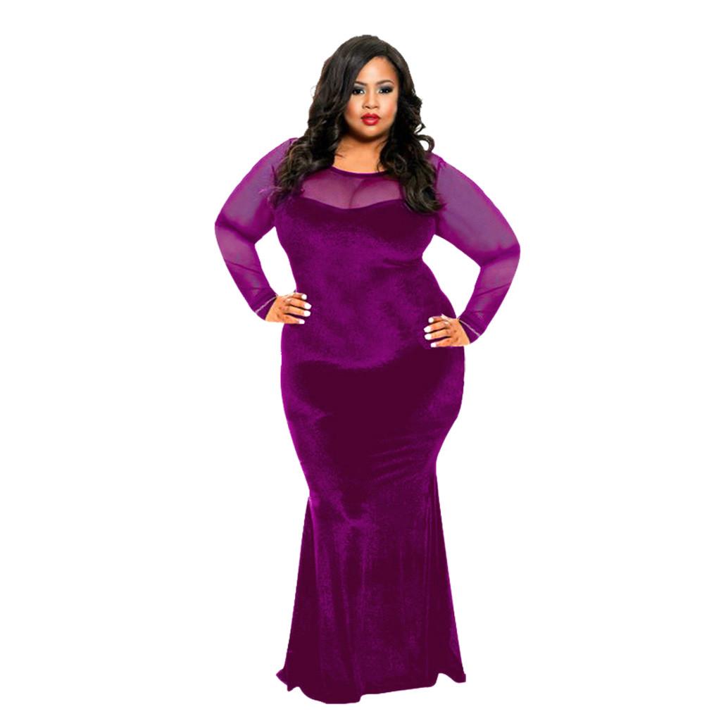 Damska seksowna sukienka wieczorowa z siatkowym szwem, dużą rozkloszowaną sukienką z długim rękawem