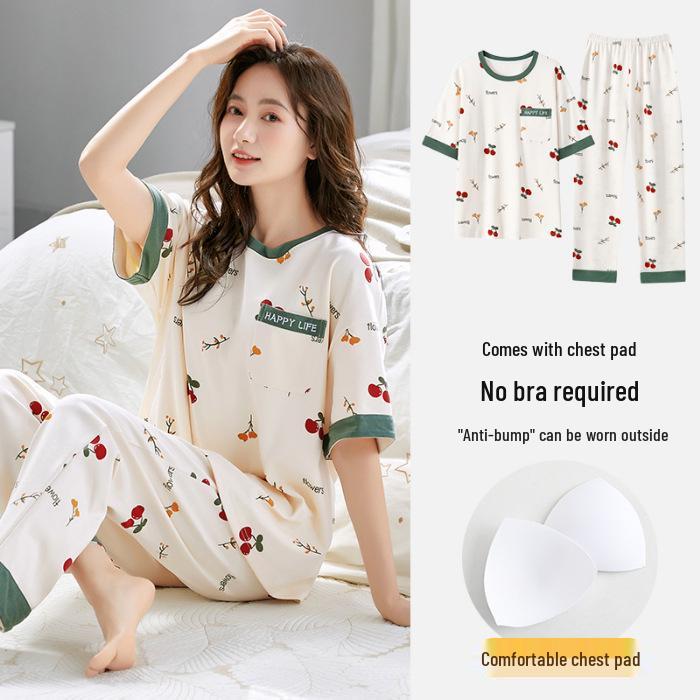

Women s Summer Pajama Set - Stretchy Short Sleeve Top & Long Pants with Built-in Bra Pads, Cotton-Like, Thin, Pullover, Outdoor-Friendly Loungewear 2XL