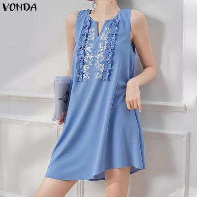 Summer Women O Neck Sleeveless Embroidery Casual Long Ruffled Tank Dress