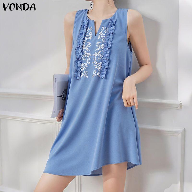 VONDA Summer Women O Neck Sleeveless Embroidery Casual Long Ruffled Tank Dress