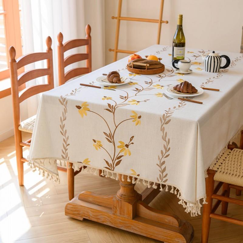 Waterproof Fabric Tablecloth Linen Blend Fresh Nordic Style Embroidered Rectangular Dining Table Coffee Cover