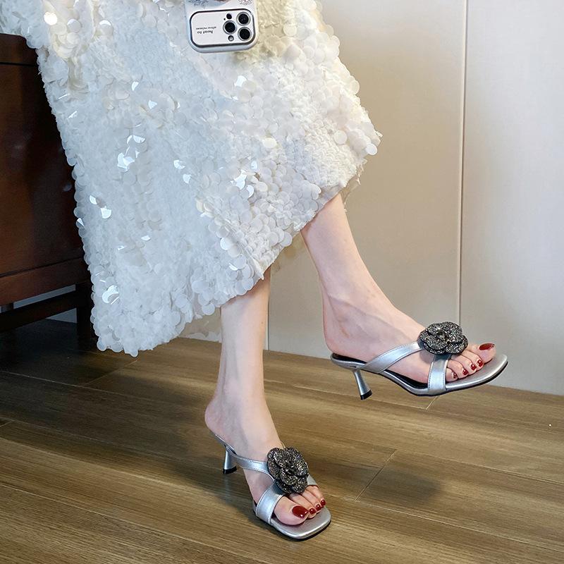Fashion Camellia Flower High Heels Slippers Women Narrow Band Crystal Floral Slides Party Shoes Female Glitter Beading Sandalias Mujer