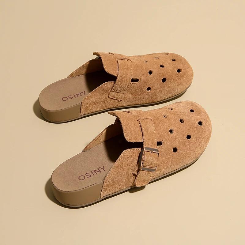Fashion Ladies Shoes 2025 Closed Toe Women's Slippers Retro Casual Slippers Women Round Toe Buckle Hollow Flat with Plus Size Sandals