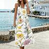 Women Sleeveless V Neck Pocket Split Hem Midi Dress Floral Print Linen Cotton Blend Casual Summer Dress